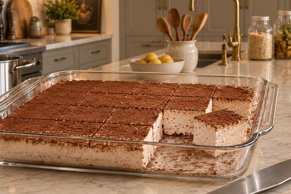 Chilled cocoa-dusted honey meringue slab cut into cubes
