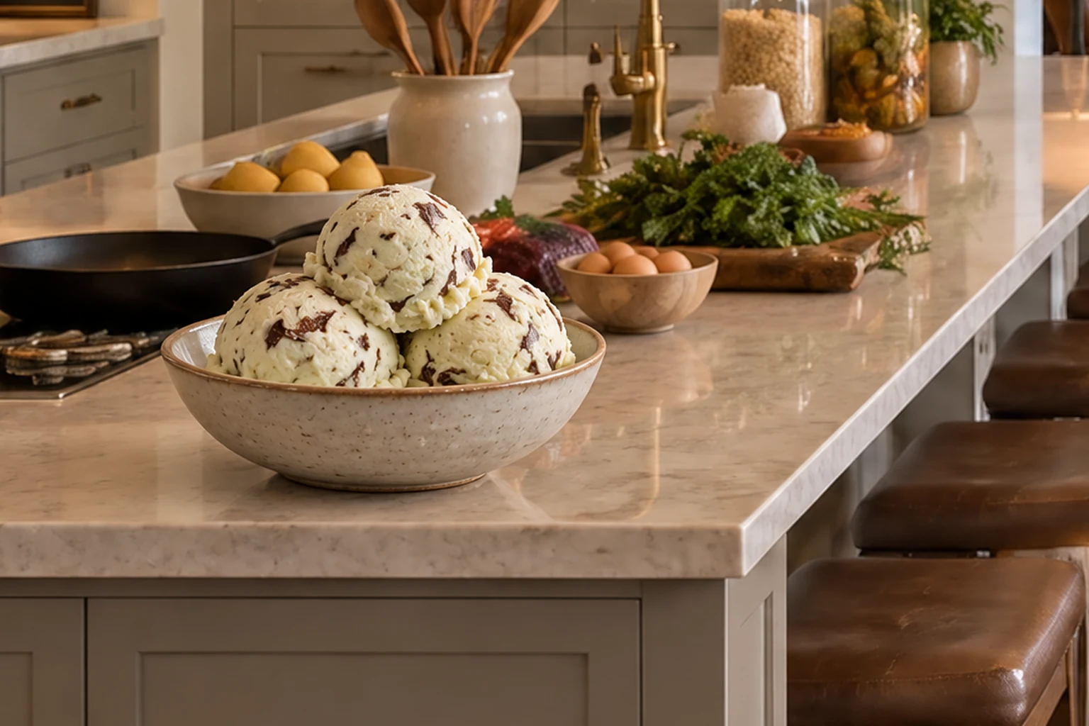Pale coconut milk mint chocolate chip ice cream with fine homemade chocolate shavings