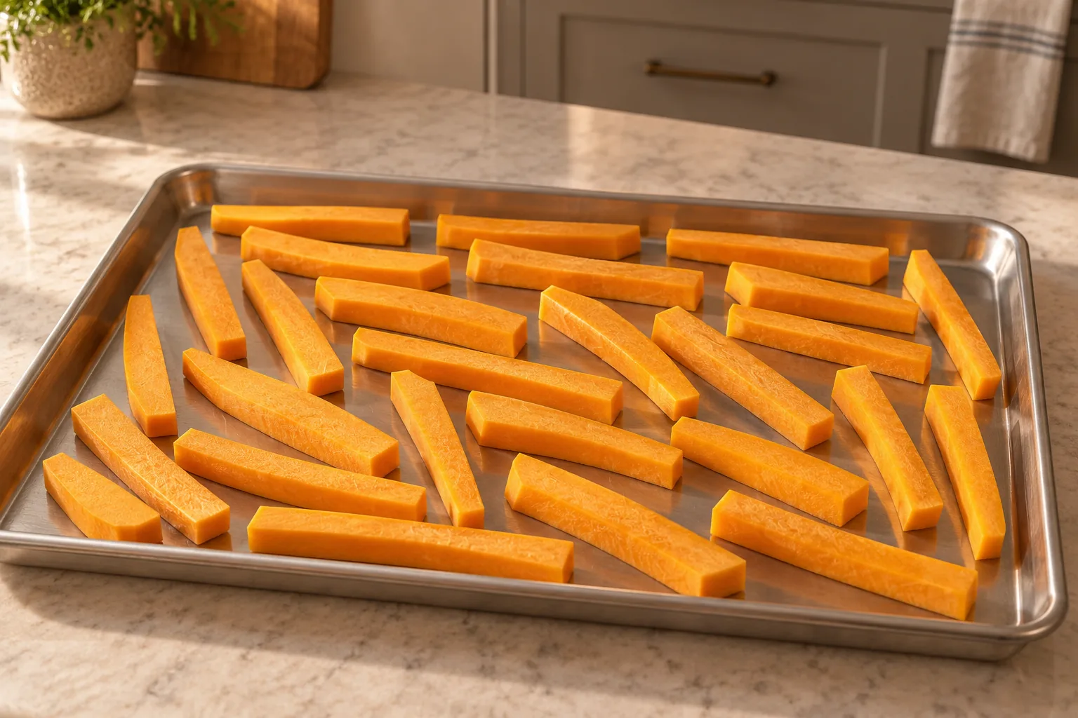 Raw butternut squash strips arranged in one layer for Full GAPS coconut oil fries