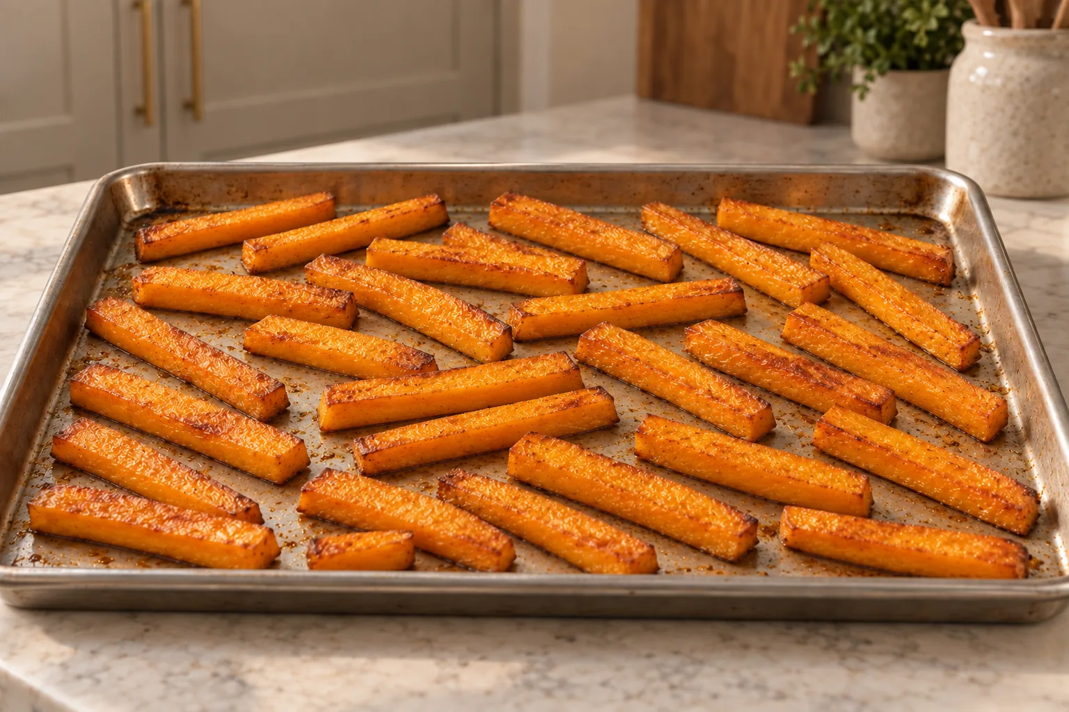 Fork-tender coconut oil butternut squash fries browned on a stainless sheet pan