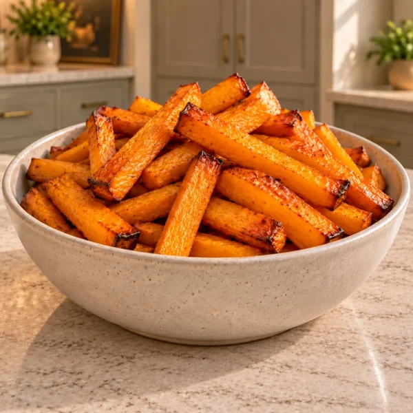 Coconut oil butternut squash fries for Full GAPS in a complete ceramic bowl in the WFLI kitchen