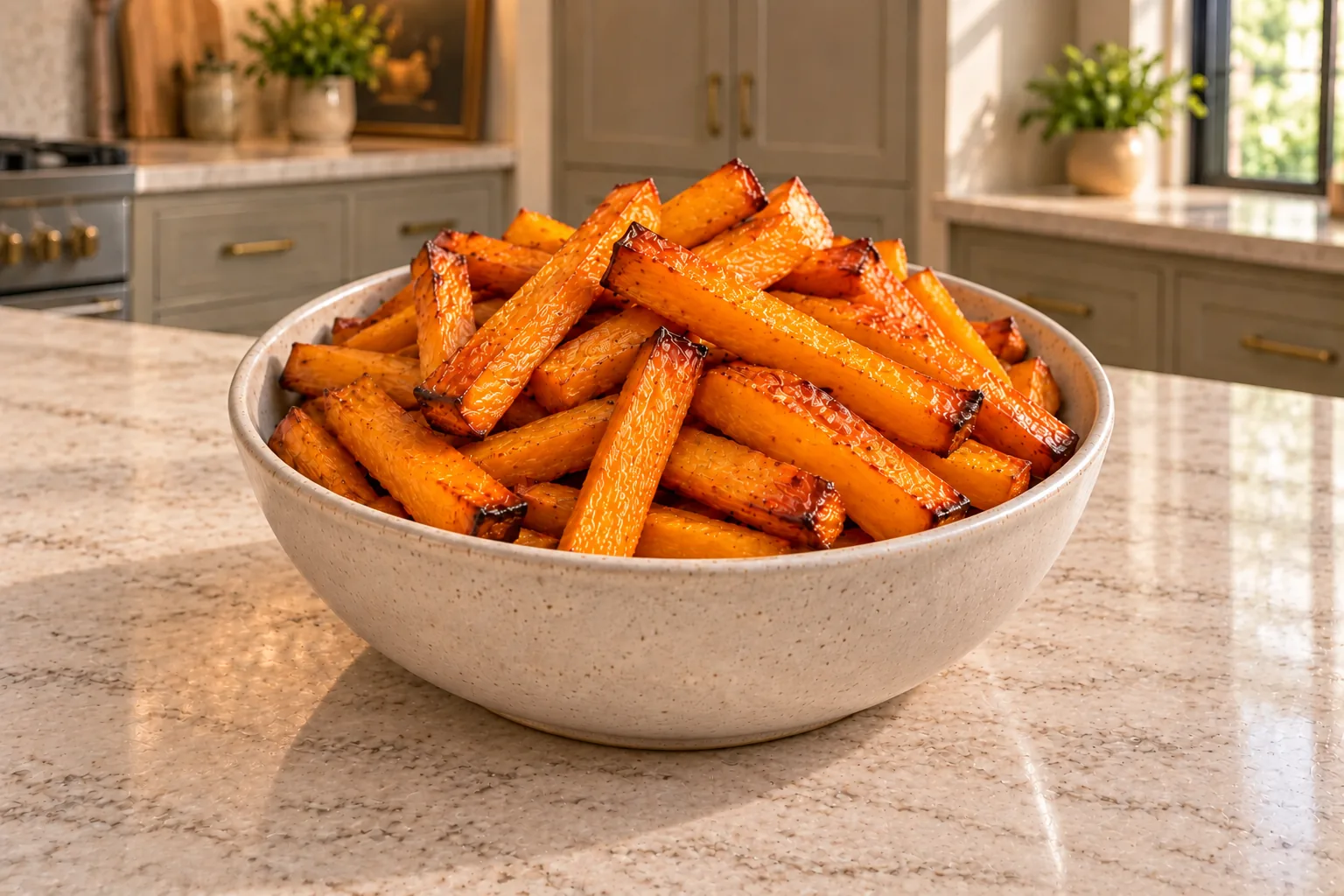 Coconut oil butternut squash fries for Full GAPS in a complete ceramic bowl in the WFLI kitchen