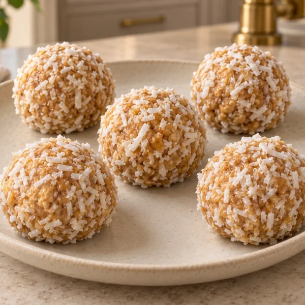 Five coconut peanut butter balls for Full GAPS on a cream ceramic plate