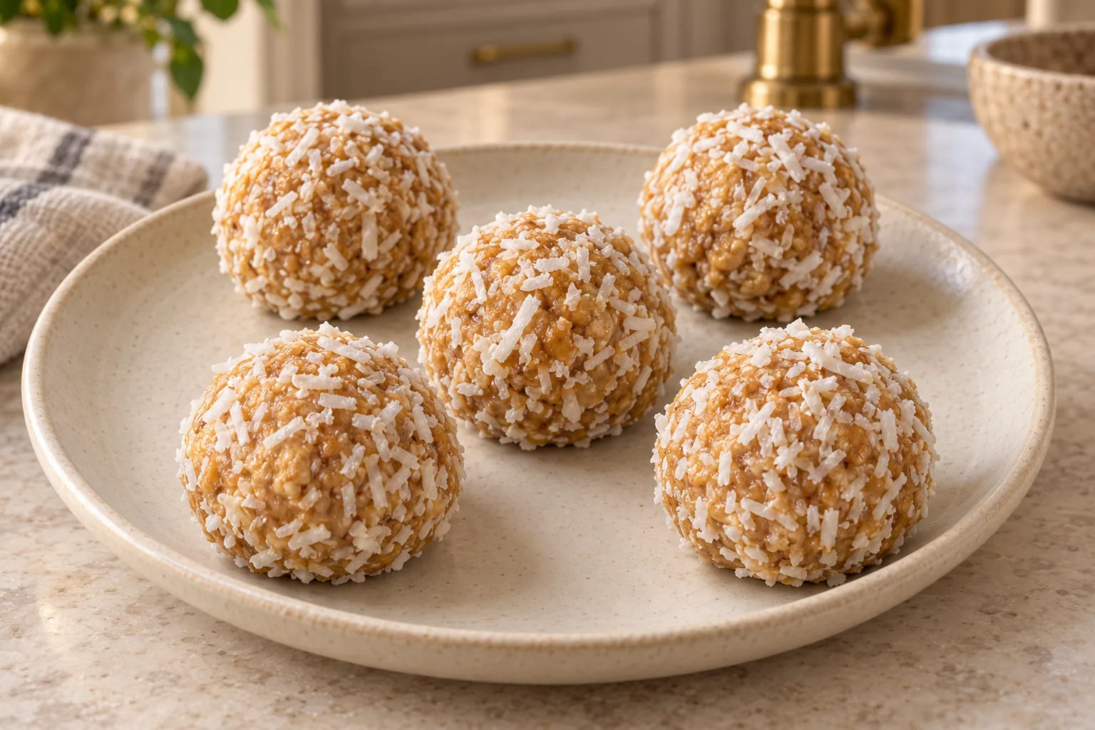 Five coconut peanut butter balls for Full GAPS on a cream ceramic plate