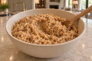 Thick coconut peanut butter ball mixture for Full GAPS in a cream bowl