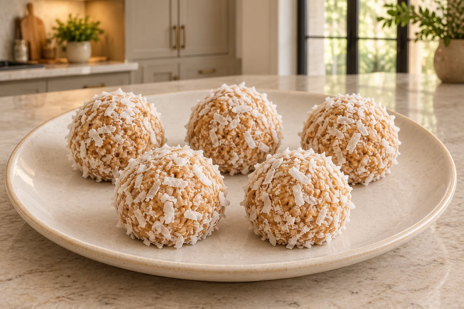 Five freshly shaped coconut peanut butter balls for Full GAPS on a cream plate