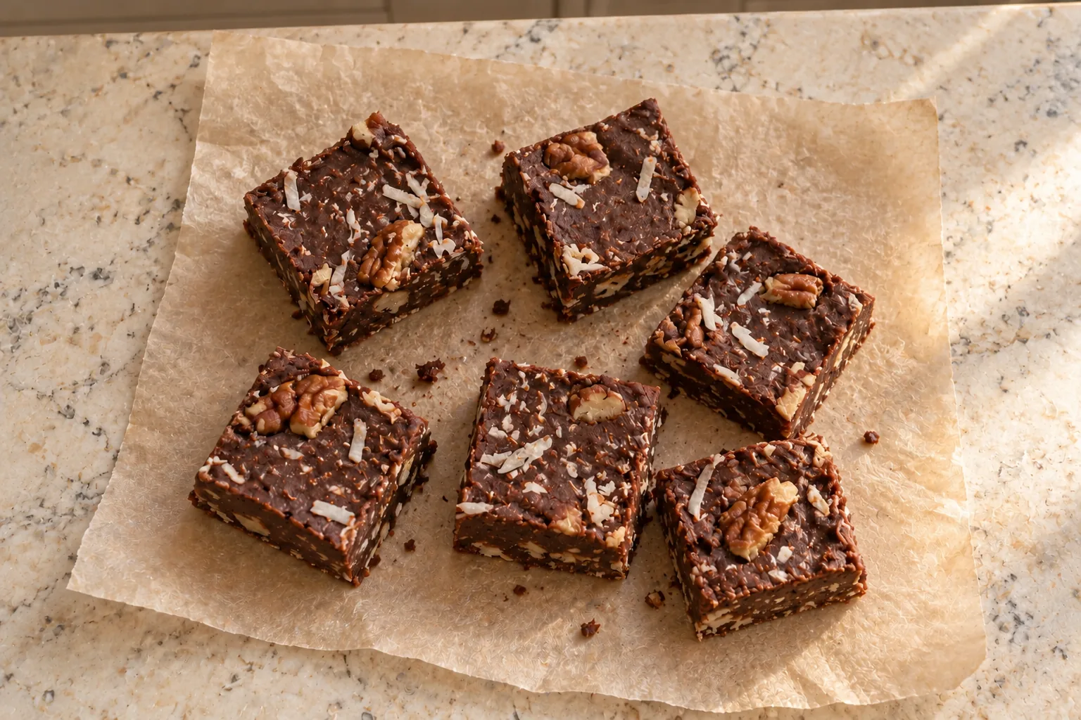 Coconut pecan cocoa fudge squares for later Full GAPS on parchment