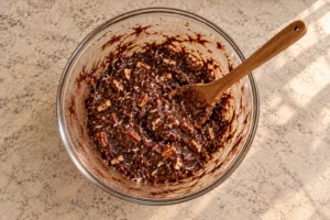Thick coconut pecan cocoa fudge mixture with a chocolate-coated spoon and bowl before freezing