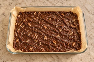 Coconut pecan cocoa fudge spread evenly in a parchment-lined glass dish before freezing