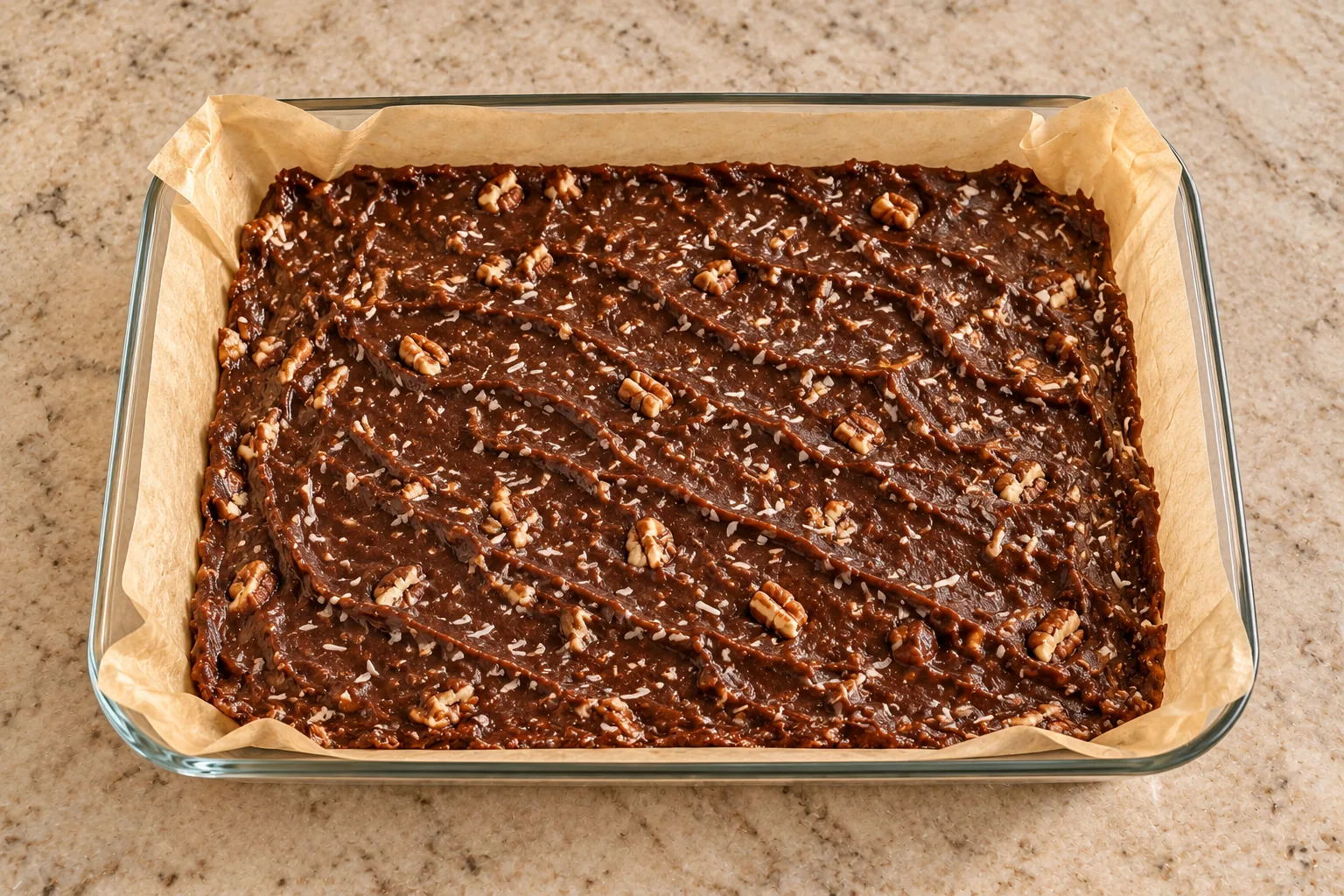 Coconut pecan cocoa fudge spread in a small parchment-lined glass dish before freezing