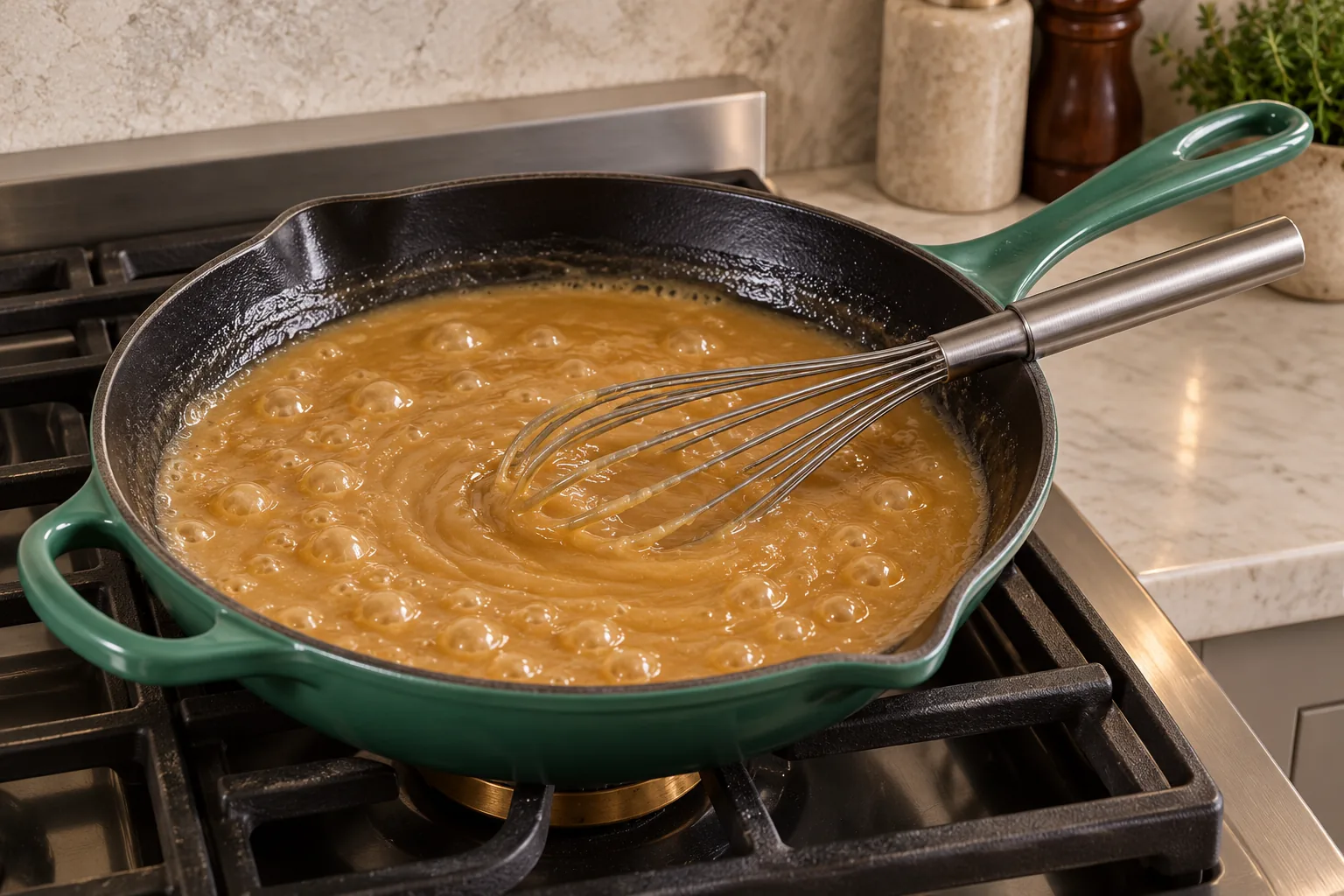 Caramel-colored coconut frosting base thickening in an Artichaut skillet for Later Full GAPS