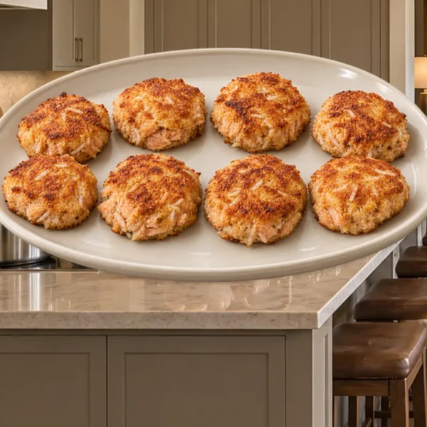 Eight crispy coconut salmon patties with egg for Full GAPS on a cream platter in the WFLI kitchen