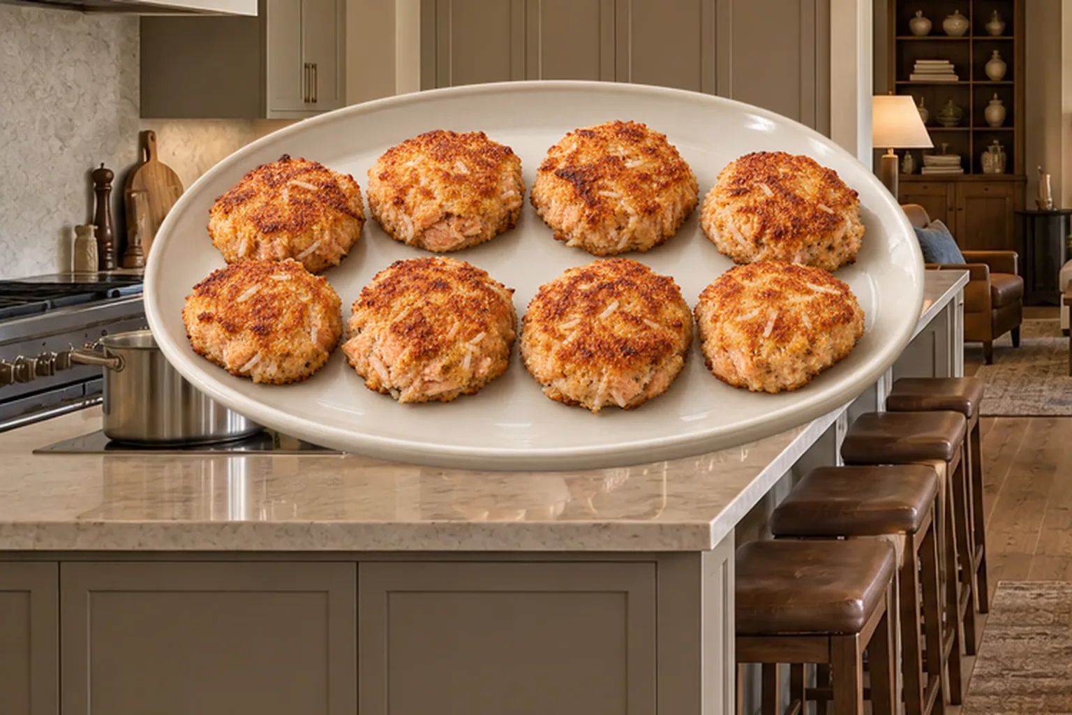 Eight crispy coconut salmon patties with egg for Full GAPS on a cream platter in the WFLI kitchen