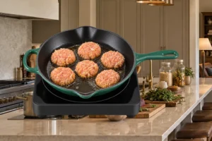 Coconut salmon patties with firm matte edges before flipping in a supported Le Creuset Artichaut skillet