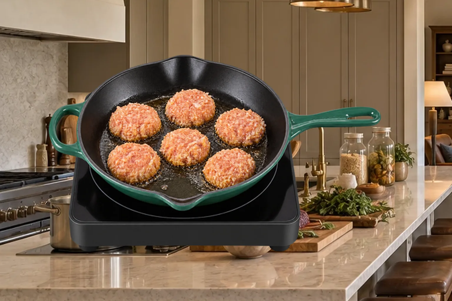 Coconut salmon patties with firm matte edges before flipping in a supported Le Creuset Artichaut skillet