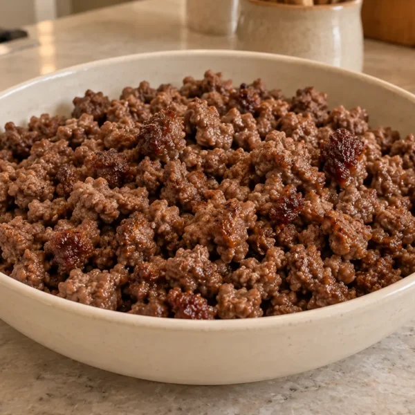 Plain browned ground beef cooked from frozen for Full GAPS in a cream bowl