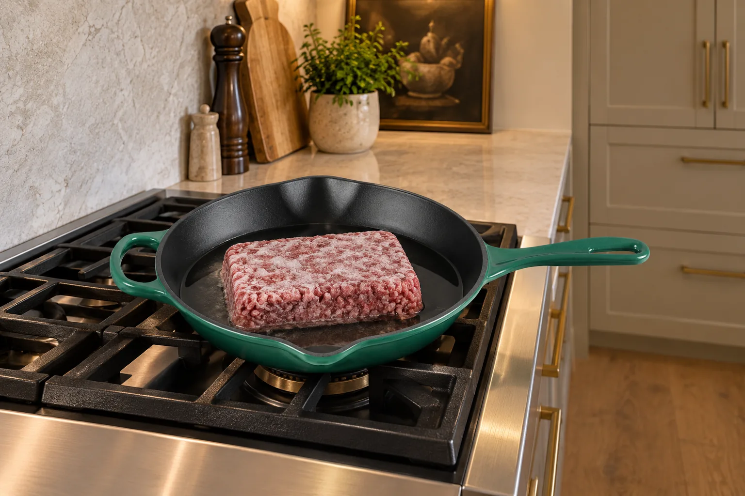 Solid frozen ground-beef block with filtered water in an Artichaut skillet