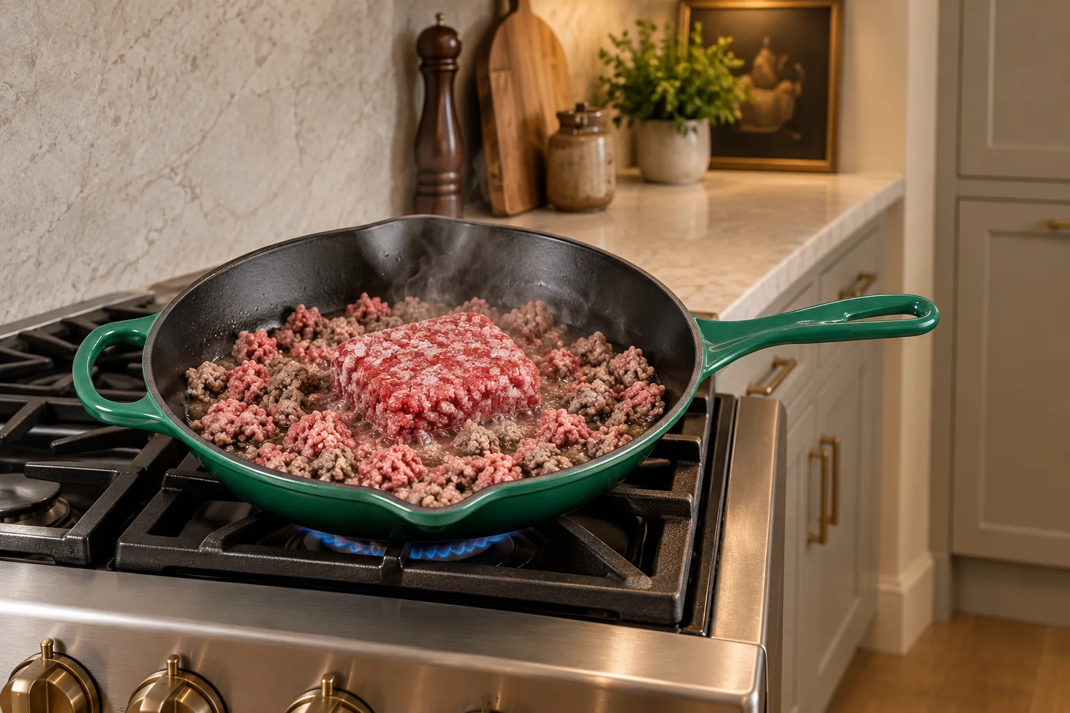 Partially thawed ground beef with a frozen center and loosened crumbles in an Artichaut skillet