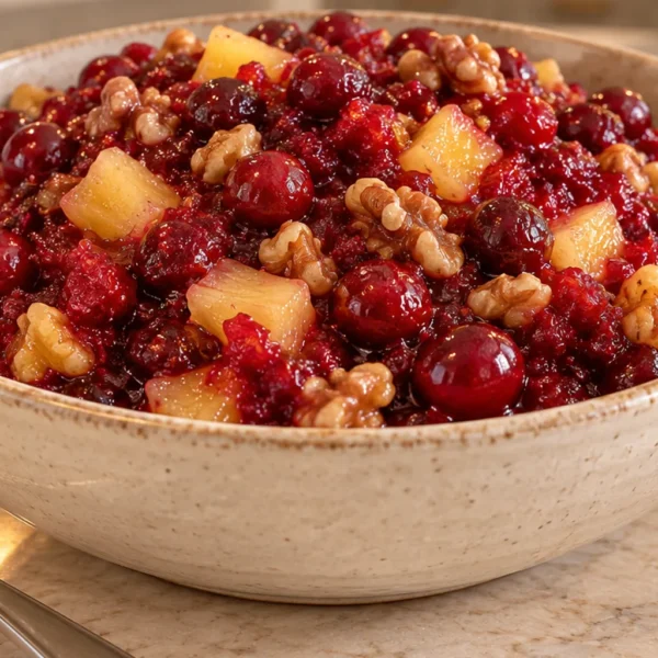 Chunky cranberry pineapple sauce with walnuts for Full GAPS in a cream bowl