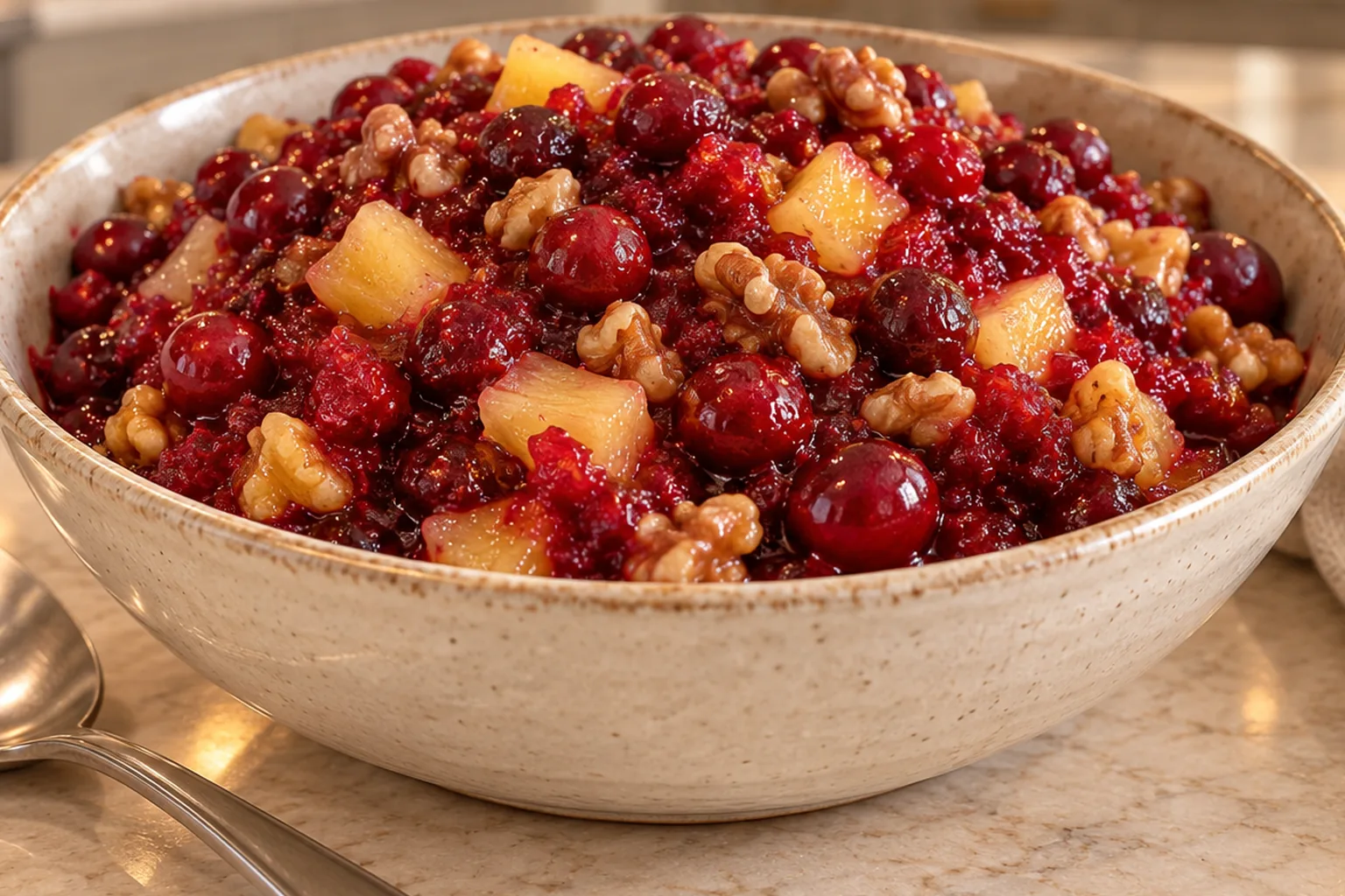 Chunky cranberry pineapple sauce with walnuts for Full GAPS in a cream bowl