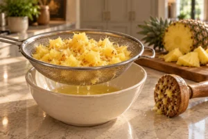 Crushed fresh pineapple draining through a stainless sieve for cranberry sauce