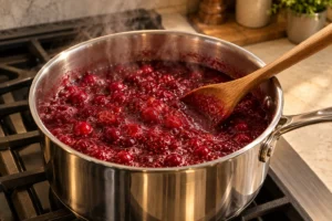 Thick cranberry base simmering in a stainless saucepan before pineapple and walnuts are added