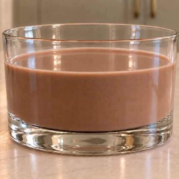Cream and homemade almond milk chocolate drink for Later Full GAPS in a clear glass on the warm stone kitchen counter