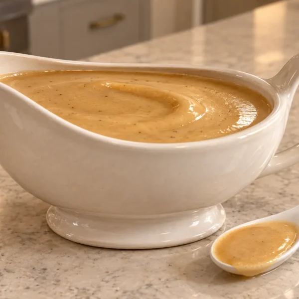 Silky cauliflower-onion gravy made with homemade meat stock for Full GAPS