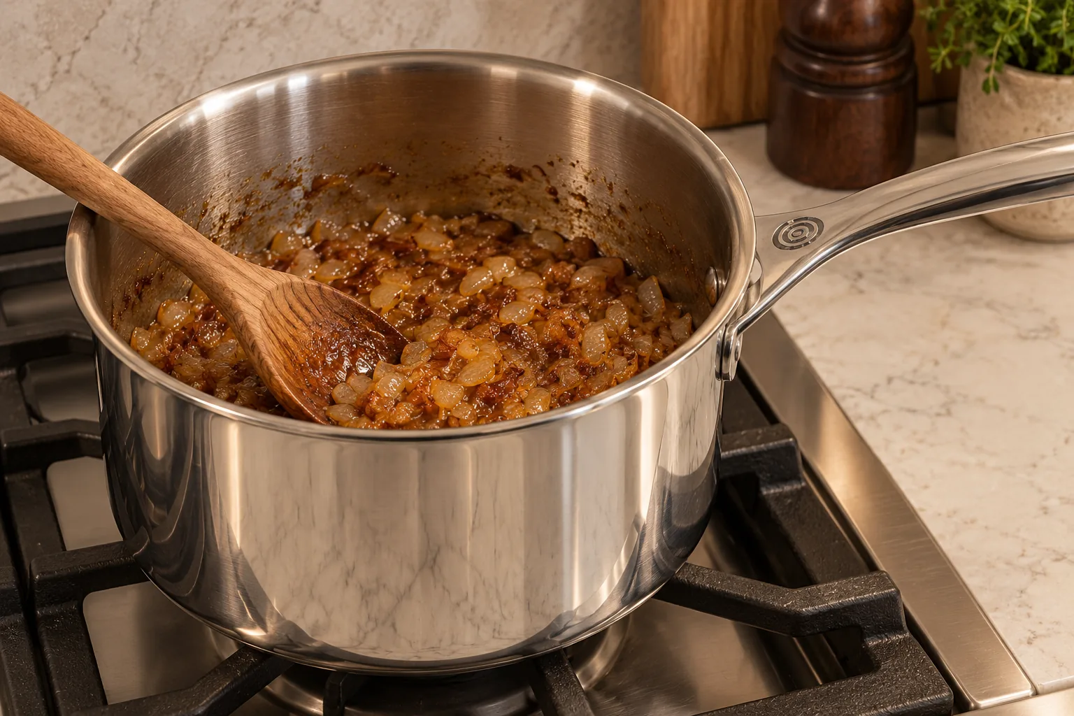 Diced onion cooked until jammy and deep brown in a Le Creuset stainless saucepan