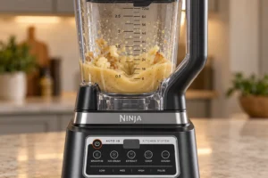 Small batch of cauliflower-onion gravy blending in the lower portion of a Ninja BN801 pitcher