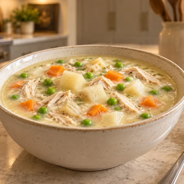 Creamy celeriac chicken soup with carrots and peas for Full GAPS