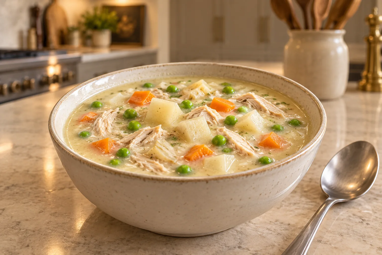 Creamy celeriac chicken soup with carrots and peas for Full GAPS