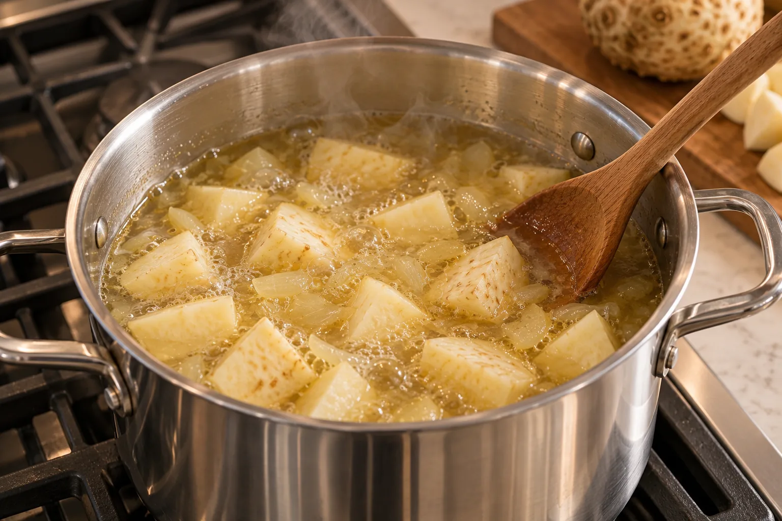 Fork-tender celeriac simmering in chicken meat stock in a stainless saucepan