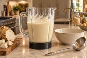 Smooth celeriac and homemade coconut milk puree in a glass blender pitcher
