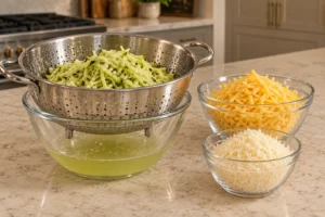Salted grated zucchini draining in a stainless colander beside measured cheddar and Parmesan