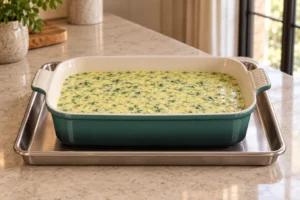 Unbaked zucchini kale egg custard assembled in an Artichaut baking dish