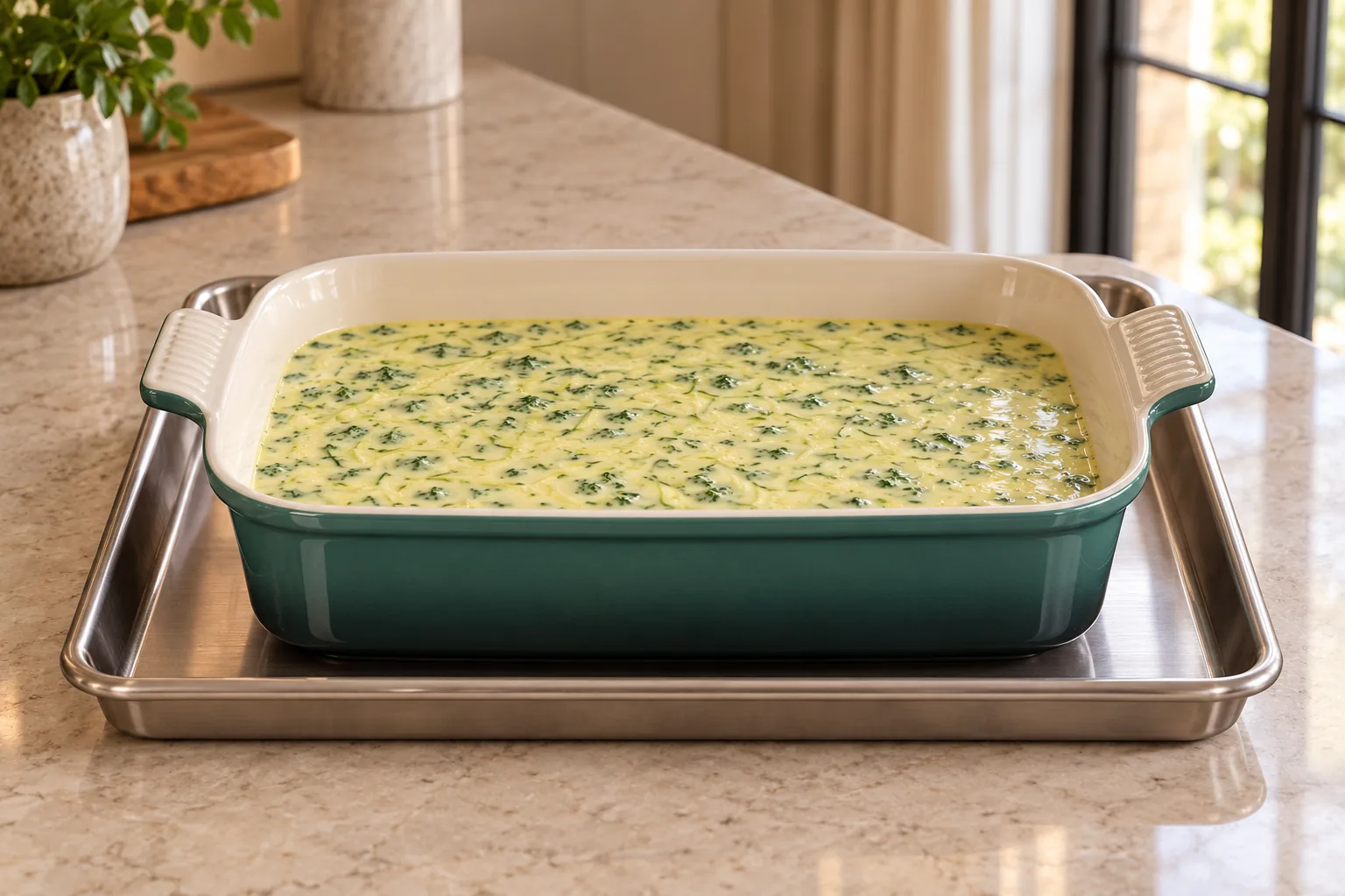 Unbaked zucchini kale egg custard assembled in an Artichaut baking dish