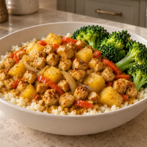 Curried chicken with cooked pineapple, broccoli, and cauliflower rice for Later Full GAPS