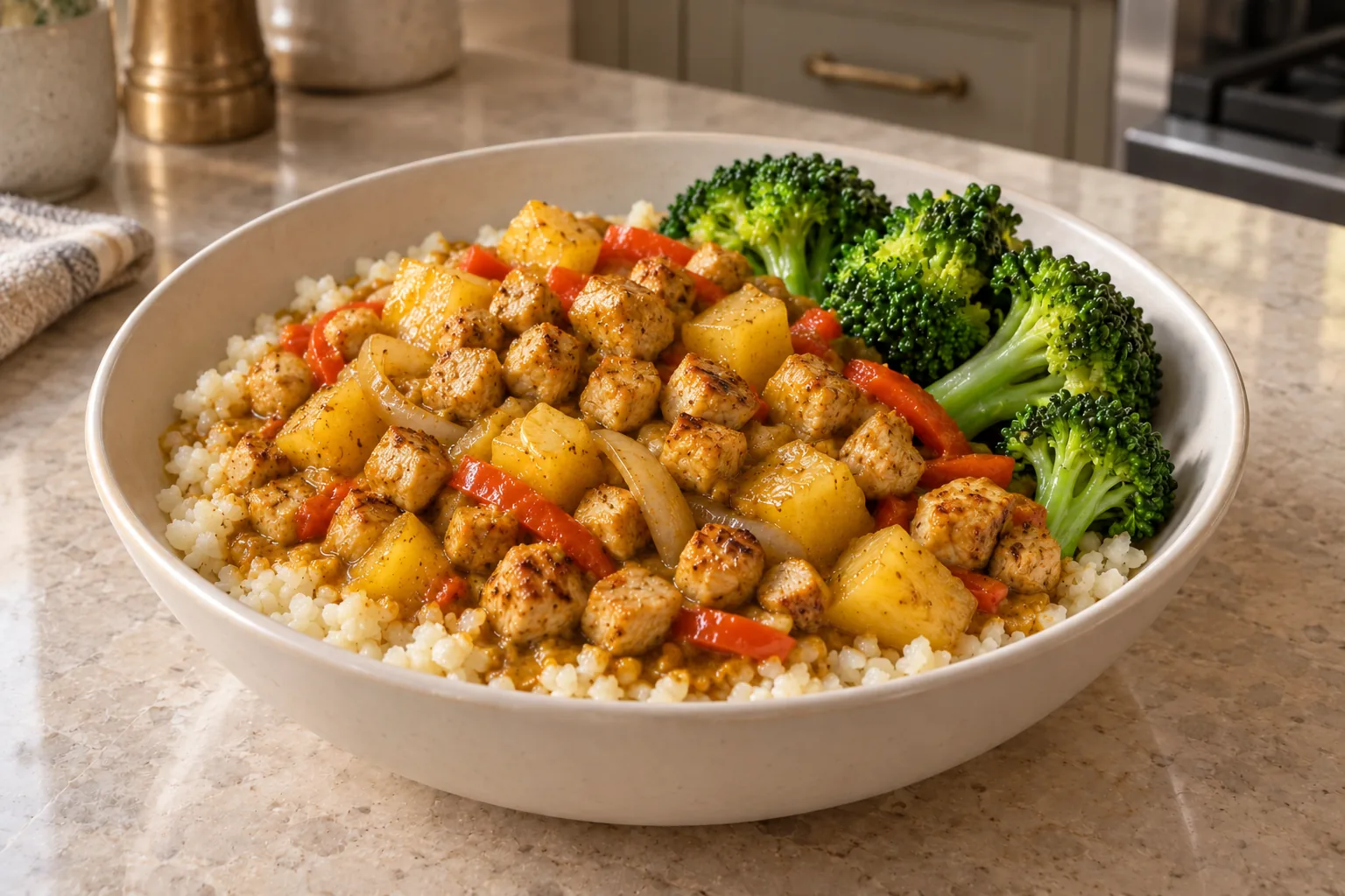 Curried chicken with cooked pineapple, broccoli, and cauliflower rice for Later Full GAPS
