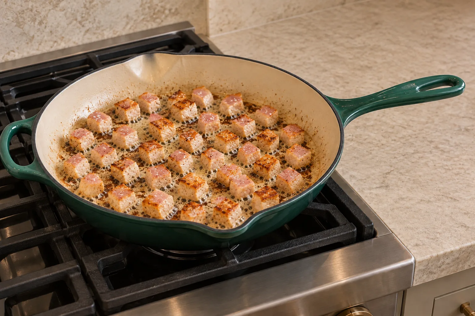 Half-inch chicken cubes browning in a Le Creuset Artichaut skillet