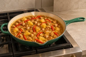 Curried chicken and cooked pineapple simmering in homemade coconut milk