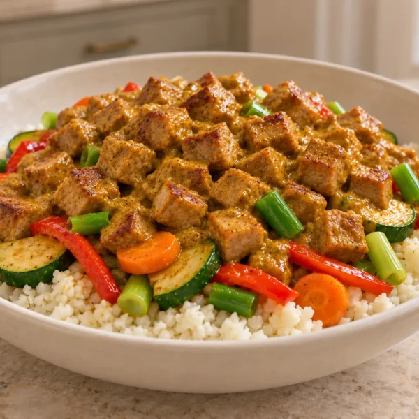 Curried pork with cauliflower rice, carrots, zucchini, red pepper, and green onions for Full GAPS