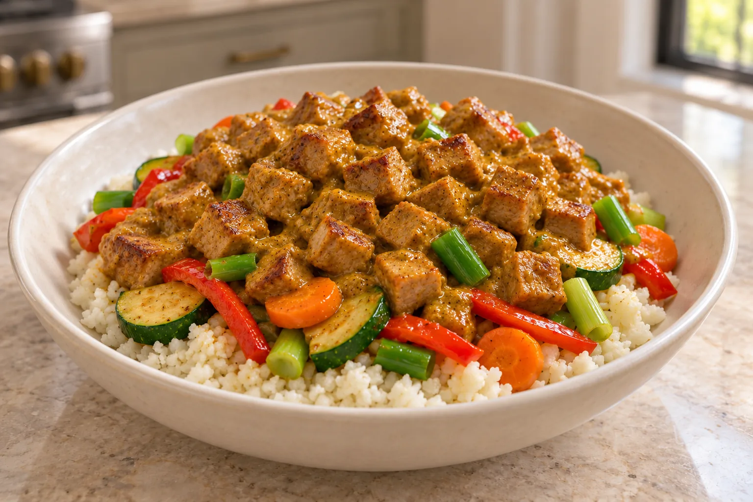 Curried pork with cauliflower rice, carrots, zucchini, red pepper, and green onions for Full GAPS