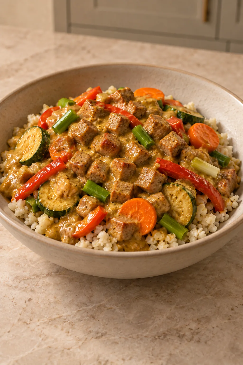 Curried Pork With Cauliflower Rice and Vegetables for Full GAPS