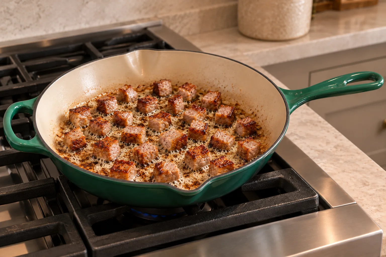 Small pork cubes browning in a Le Creuset Artichaut skillet