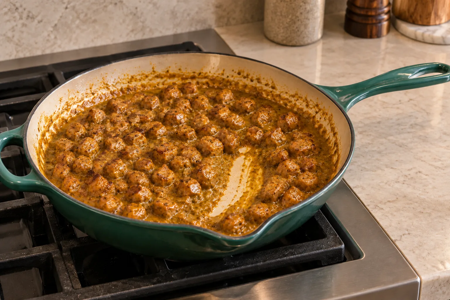 Curried pork in thick coconut almond gravy with a visible skillet trail