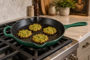 Small curry broccoli fritters with matte tops and golden rims ready to flip in an Artichaut skillet