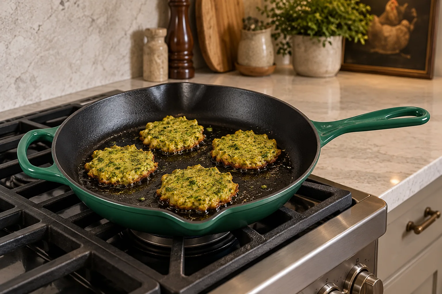 Small curry broccoli fritters with matte tops and golden rims ready to flip in an Artichaut skillet