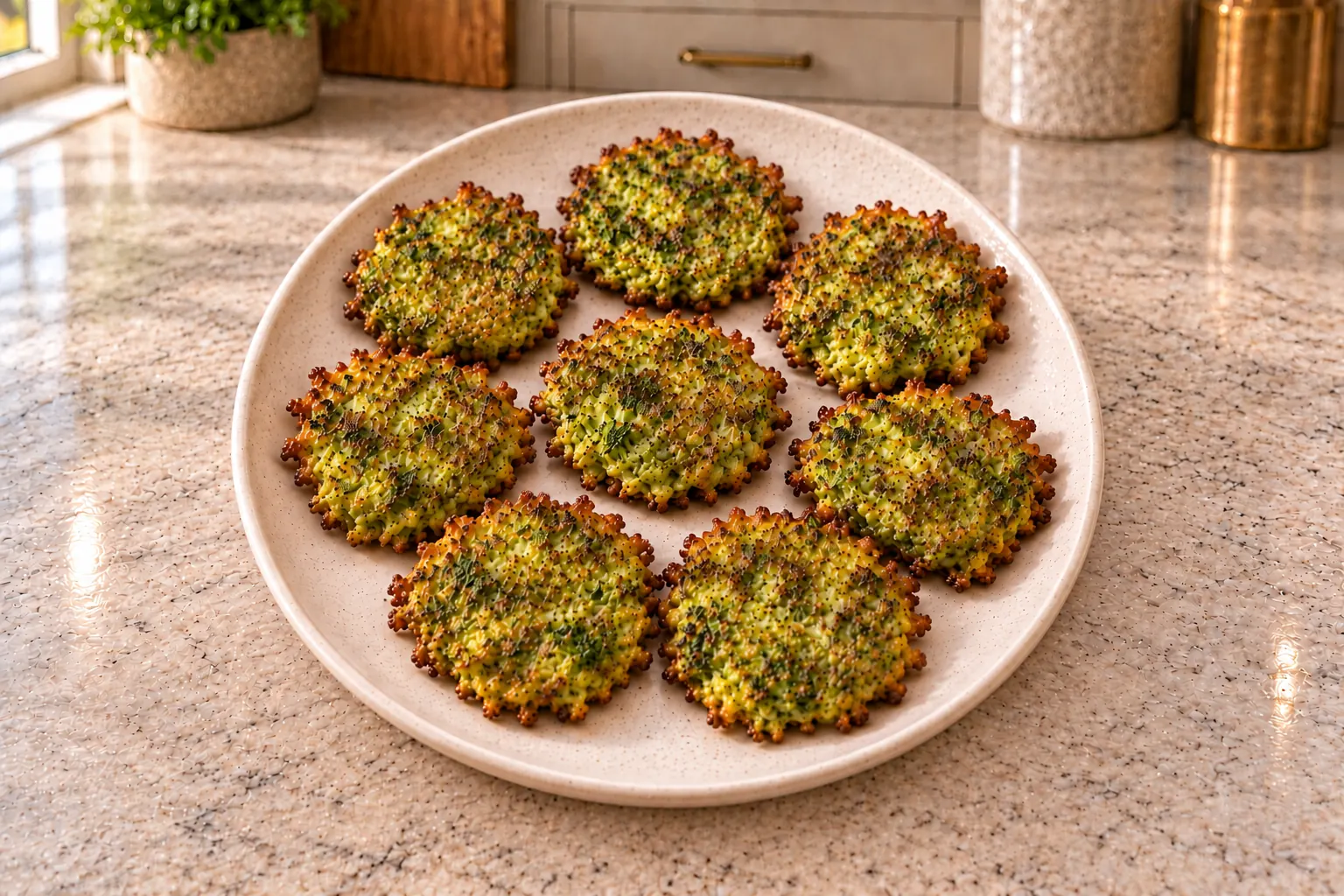 Eight small curry broccoli fritters for Full GAPS with crisp lacy edges and golden skillet patches