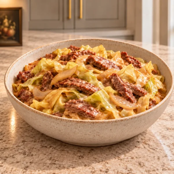 Dairy-free beef stroganoff with cabbage noodles for Full GAPS in a cream serving bowl